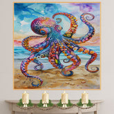 Watercolor Painting of a Vivid Multicolored Octopus on the Beach with Bright Tentacles and Coastal Ocean Background on Ready to Hang 1.5" Thick Canvas Wrap, Floating Framed Canvas, Flat Rolled Canvas